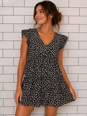 Altar'd State Black and White Spotted Tiered Babydoll Mini Dress